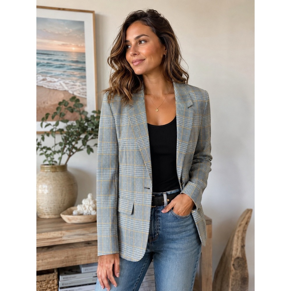 Liverpool Los Angeles Plaid Blazer Grey Yellow Glen Check Single Button XL